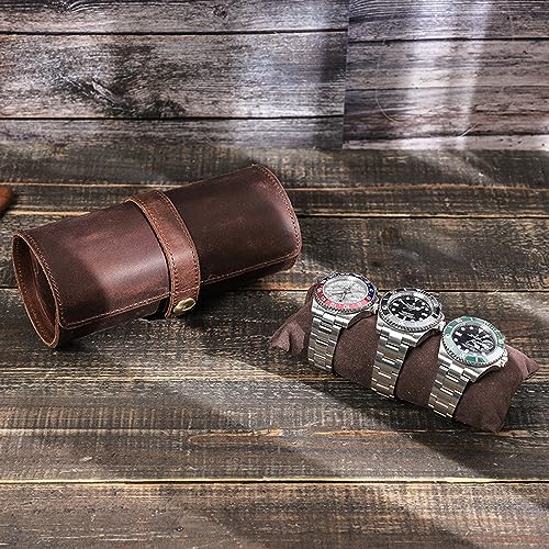 Personalized Custom Name Watch Case Roll Organizer, Luxury Genuine Leather Travel 3-Watches Case For Watch/Bracelet (06 Coffee) - color: 06 Coffee