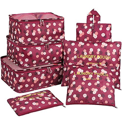 Mossio 7 Set Packing Cubes with Shoe Bag - Travel Carry On Luggage Organizer - color: Wine Flower