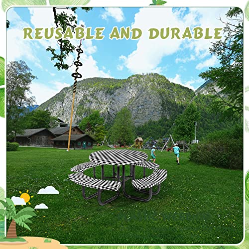 Moukeren Round Picnic Table Cover with Bench Cover Vinyl Fitted Picnic Tablecloth Round Waterproof Wipeable Table Cover with Elastic Edge for Camping Outdoor Patio, Black and White Grid,5 Piece Set