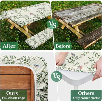 Picnic Table Cover with Bench Covers Elastic Edges, Botanical Bird Camper Fitted Table Cover, Outdoor Camping Essentials 72 Inch 3PCS, Waterproof Camping Fitted Tablecloth with Drawstring Bag - color: Botanical Bird, size: 72in