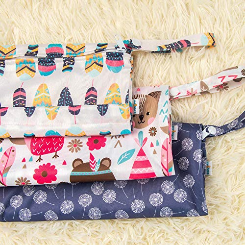 babygoal Wet Dry Bags for Baby Cloth Diapers, Washable Travel Bags, Beach, Pool, Gym Bag for Swimsuits & Wet Clothes with Two Zippered Pockets 3 Pack, 3LN11 - color: Dandelion&Owl&Feather