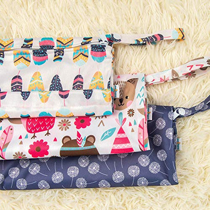 babygoal Wet Dry Bags for Baby Cloth Diapers, Washable Travel Bags, Beach, Pool, Gym Bag for Swimsuits & Wet Clothes with Two Zippered Pockets 3 Pack, 3LN11 - color: Dandelion&Owl&Feather