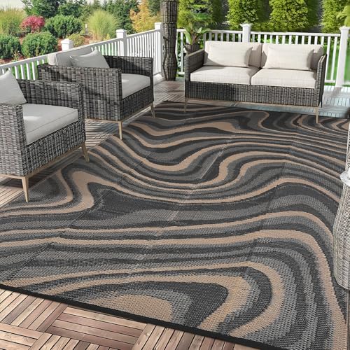 Garvee 10x14 Outdoor Waterproof Rug, Modern Foldable Lightweight Plastic Straw Rug with Portable Bag, Reversible UV Resistant Abstract Rug for Backyard, Picnic, Beach, RV, Porch, Black Coffee - color: Modern|black Coffee, size: 10' x 14' (Rectangular)