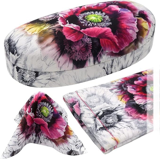 MyEyeglassCase Hard Sunglasses case - Women Glasses Case Holder - Large Durable Eyeglass Case Hard Shell with Pouch & Cloth - color: Z-combo As113 Poppy