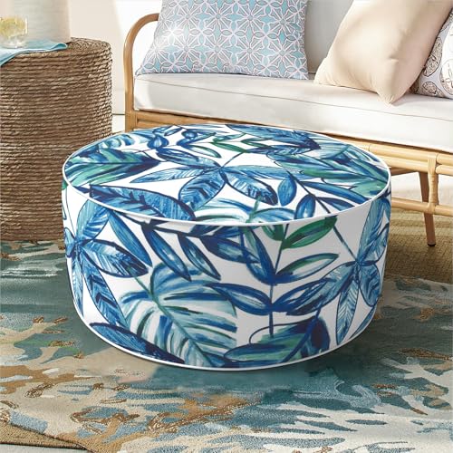 DYTXIII Inflatable Ottoman Stool D21 xH9 for Outdoor/Indoor Use, Water Repellent Patio Foot Rest Stool with Portable Handle,Round Pouf Ottoman Suitable for Garden,Deck and Camping - Leaves Ink Blue - color: Leaves Ink Blue, size: 21"D x 21"W x 9"H