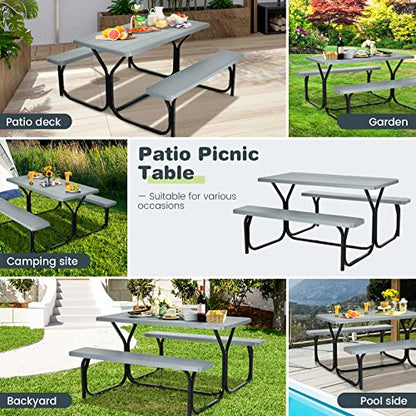 S AFSTAR Picnic Table Bench Set, 59” Expanded Rectangular Picnic Table, Outdoor Table and Bench with Steel Frame & Wood-Like Texture Tabletop, Camping Table Chair Set for Garden Lawn Deck (Gray) - color: Grey