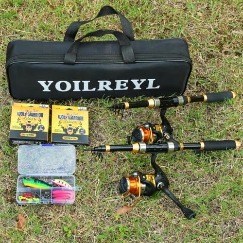 Yoilrey Fishing Rod and Reel Combo – 5.9ft Telescopic Fishing Pole Starter Kit with Spinning Reel, Fishing Line, Lure Box & Tackle Bag for Travel - color: ï¼ 2 packï¼ Black and Gold