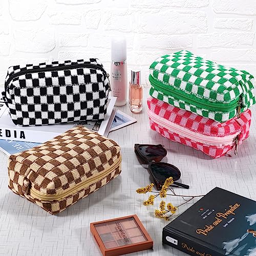 ZLFSRQ 4Pcs Checkered Pencil Case Cute Pencil Pouch for Teens Checkered Makeup Bag Medium Travel Cosmetic Bag Makeup Pouch for Purse Aesthetic Trendy Zipper Toiletry Bags(Green/Black/Pink/Brown) - color: Checkered 4Pcs M Pink/Black/Green/Brown