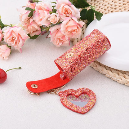 Sisadodo Glitter Lip Oil Holder Key Chains for Woman Lipstick Case with Mirror Lip Balm Keychain for Lipstick Case Keychain - color: Red-heart