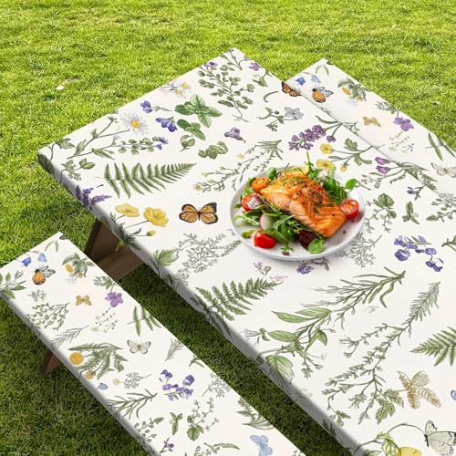 Picnic Table Cover with Bench Covers Elastic Edges, Wildflower Flower Camper Fitted Table Cover, Outdoor Camping Essentials 72 Inch 3PCS, Waterproof Camping Fitted Tablecloth with Drawstring Bag - color: Wildflower Botanical, size: 72in