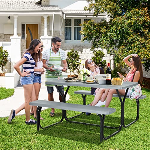 COSTWAY Outdoor Picnic Table, HDPE Plastic Picnic Table Bench Set with Weather Resistant Tabletop & Wood Texture, Ideal for Patio, Backyard (59" D x 54" W x 28.5" H,Grey) - color: Grey
