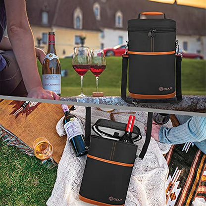 opux 2 Bottle Wine Carrier Tote, Insulated Leakproof Wine Cooler Bag, Wine Travel Bag Tote for Picnic BYOB Beach, Portable Wine Bottle Carrying Case, Gift for Wine Lover Women Men Christmas, Brown - color: Brown