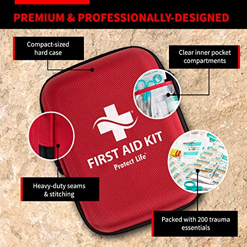 Protect Life Survival First Aid Kit for Home/Business, Camping Survival Kits | Mini Travel First Aid Kit | Camping Equipment | Small Kits for Car | Outdoor Emergency Survivals Pack - 200pcs - size: 200 Pieces Kit (Hard Case)