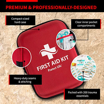 Protect Life Survival First Aid Kit for Home/Business, Camping Survival Kits | Mini Travel First Aid Kit | Camping Equipment | Small Kits for Car | Outdoor Emergency Survivals Pack - 200pcs - size: 200 Pieces Kit (Hard Case)