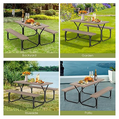 GYMAX Picnic Table, Picnic Bench Easy to Assemble w/All Weather Wood Grain Tabletop & Metal Frame, Picnic Tables for Outdoors Camping Backyard Deck Patio Poolside Dining Party - color: Brown