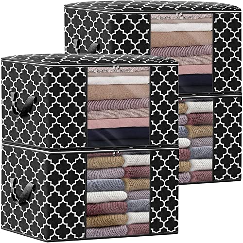 WISELIFE Storage Bags 100L 4-Pack Large Blanket Clothes Organization and Storage Containers for Bedding, Comforters, Foldable Organizer with Reinforced Handle, Clear Window, Sturdy Zippers, Black - color: Black, size: 4 x 100L