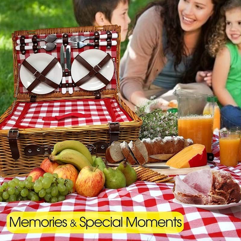 Nature Gear Picnic Basket, Wicker Basket with Handle for Outdoors, Insulated Woven Basket, Includes a Service Kit of Dinnerware & Wine Glasses, Picnic Basket Set for 4 with Blanket, Red & White - color: Red & White & Blanket