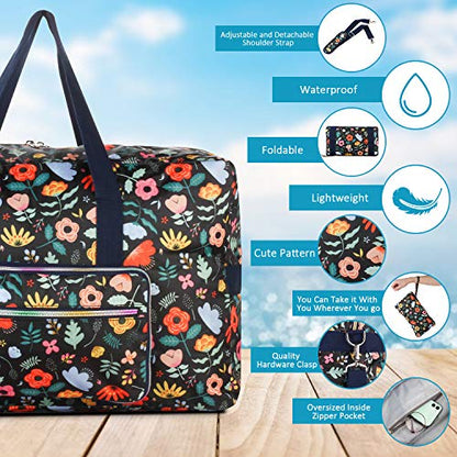 Travel Foldable Waterproof Duffel Bag - Lightweight Carry on Luggage Tote Duffel Bag(Black Floral) - color: Black Floral