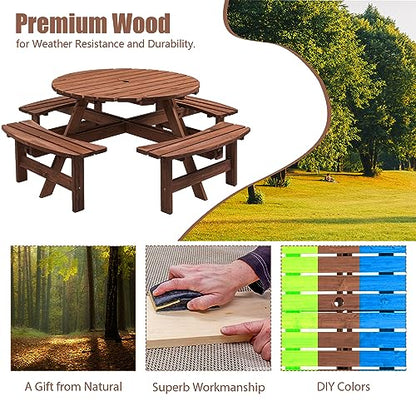 Round 8 Person Wooden Picnic Table Sets Outdoor Camping Dining Table with Seat Garden DIY w/ 4 Built-in Benches 2220lb Capacity - Brown - color: Brown-8-round