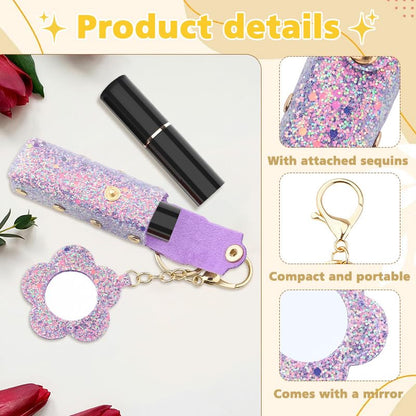 Sisadodo Glitter Lip Oil Holder Key Chains for Woman Lipstick Case with Mirror Lip Balm Keychain for Lipstick Case Keychain - color: Purple-flower