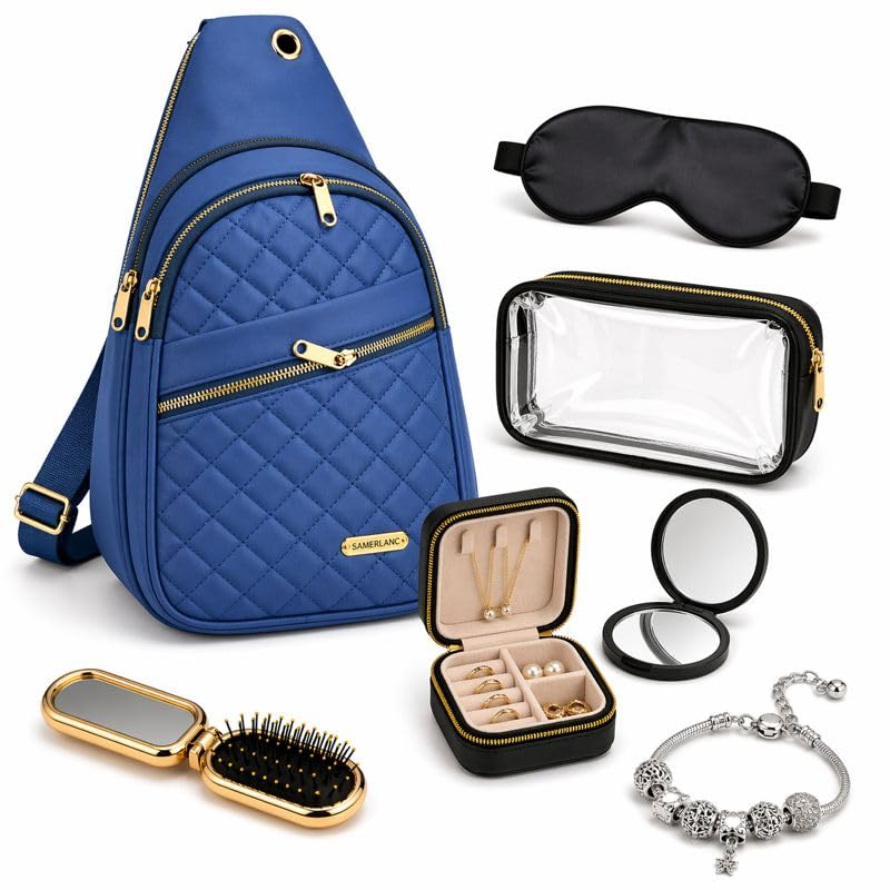 Travel Essentials Gift Set for Women – 7 Pc Travel Kit with Sling Bag, TSA Pouch, Jewelry Case & Sleep Mask - color: Mystic Blue