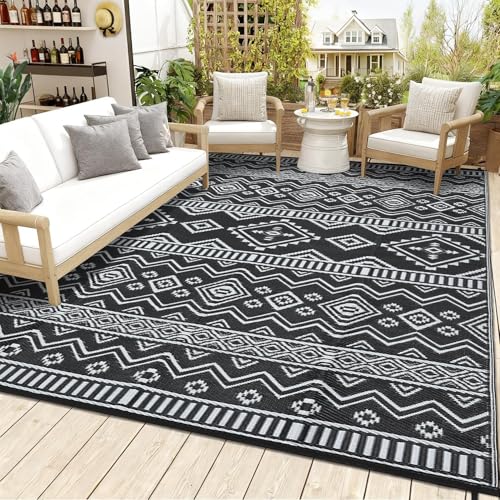 GarveeHome Waterproof Outdoor Rug 9x18, Modern Geometric Reversible Plastic Straw Patio Camping Rug, Outdoor RV Mat Carpet for Deck, Camper, Porch, Balcony, Backyard, Picnic, Black White - color: Black and White, size: 9' x 18' (Rectangular)