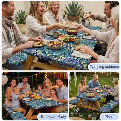Picnic Table Cover with Bench Covers Camping Essentials Waterproof Windproof Camping Tablecloth with Drawstring Bag, Fitted Rectangle Tables and Seats, 72in, Deep Blue Green - color: Deep Blue Green, size: 72in