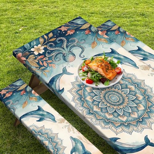 Picnic Table Cover with Bench Covers Elastic Edges, Coastal Camper Fitted Table Cover, Outdoor Camping Essentials 72 Inch 3PCS, Waterproof Camping Fitted Tablecloth with Drawstring Bag - color: Coastal, size: 72in