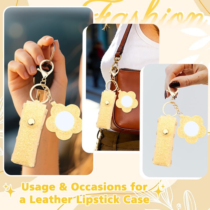 Sisadodo Glitter Lip Oil Holder Key Chains for Woman Lipstick Case with Mirror Lip Balm Keychain for Lipstick Case Keychain - color: Yellow-flower