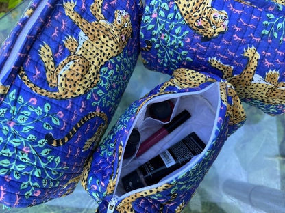 YILLE Set of 3 Pieces Block Printed Travel Organizer Kit Storage Bag for Women Makeup Bag Travel Cosmetic Bag (Blue Cheetah) - color: Blue Cheetah