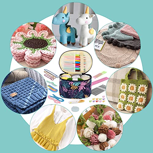 Aeelike Crochet Kit for Beginners Adults, Full Crochet Starter Set with Yarn, Include 9pcs Ergonomic Crochet Hooks 2.0-6.0 mm, 12pcs Lace Crochet Hooks 0.6-1.9 mm, Portable Crochet Hook Set with Case - color: blue leaves