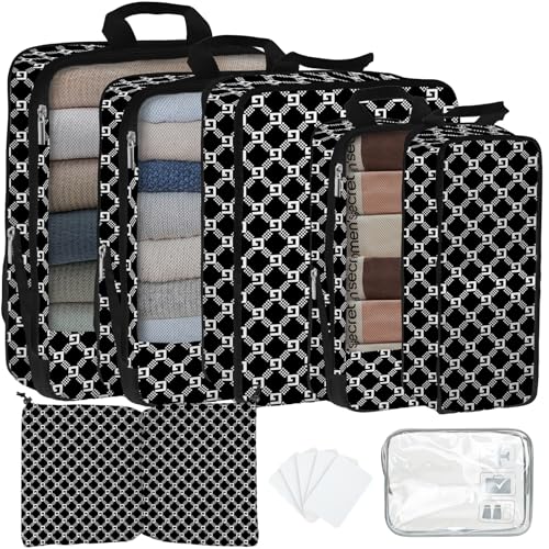 7 Pcs Compression Packing Cubes for Travel, Waterproof Suitcase Luggage Backpack Organizer with Toiletry Bag Travel Essentials for Women/Men-Plaid - color: Black-Plaid