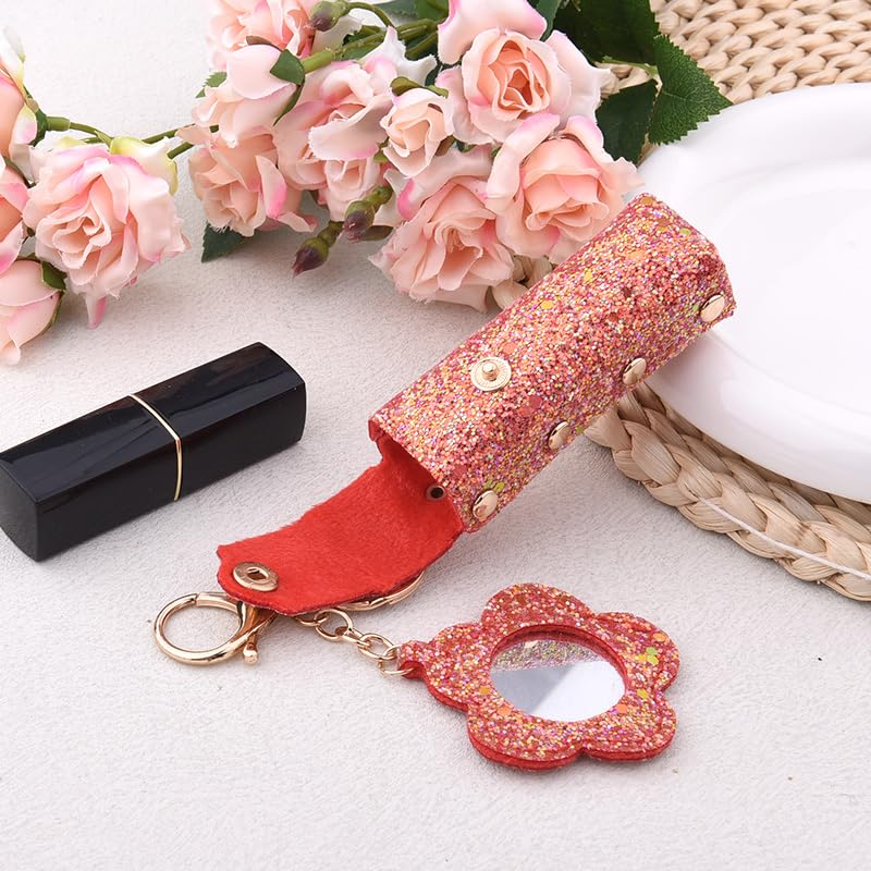 Sisadodo Glitter Lip Oil Holder Key Chains for Woman Lipstick Case with Mirror Lip Balm Keychain for Lipstick Case Keychain - color: Red-flower