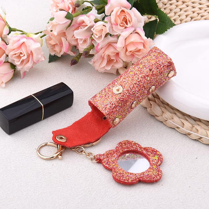Sisadodo Glitter Lip Oil Holder Key Chains for Woman Lipstick Case with Mirror Lip Balm Keychain for Lipstick Case Keychain - color: Red-flower