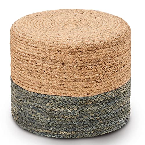 Wimarsbon Pouf Ottomans, Natural Seagrass Foot Stool, Hand Weaving Round Footrest, Poof Pouffe Accent Chair with Wood Frame for Living Room, Bedroom (68LE) - color: 18inch Water Hyacinth Braid & Blue Corn Shell