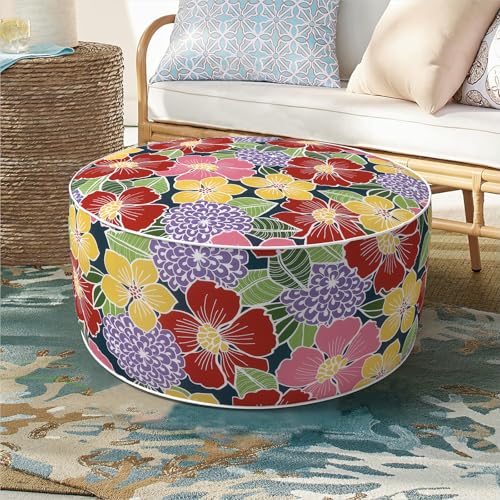 DYTXIII Inflatable Ottoman Stool D21 xH9 for Outdoor/Indoor Use, Water Repellent Patio Foot Rest with Portable Handle,Round Pouf Ottoman Suitable for Garden,Deck and Camping-Flower Bloom - color: Flower Bloom, size: 21"D x 21"W x 9"H