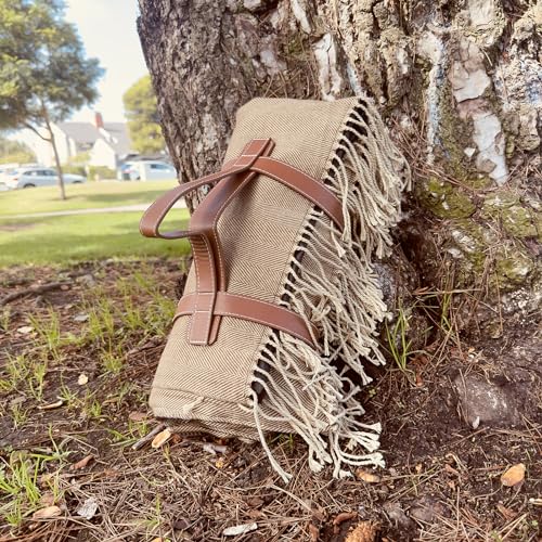 Picnic Blanket Extra Large Waterproof with Strap 59"x79" - Machine Washable Tassels Faux Wool Cashmere for Park, Grass, Camping, Hiking, Concerts (Coffee, 59"X79") - color: Coffee