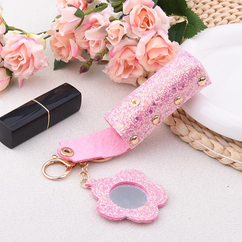 Sisadodo Glitter Lip Oil Holder Key Chains for Woman Lipstick Case with Mirror Lip Balm Keychain for Lipstick Case Keychain - color: Hot Pink-flower