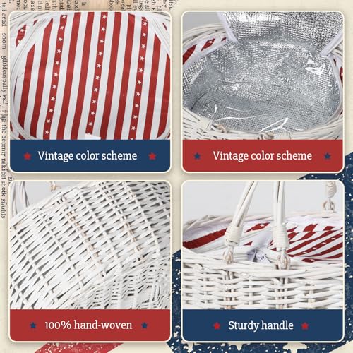 Wicker Picnic Basket with Insulated Lined Bag 15“ x 11” x 7“ Red, White Star Stripe Pattern, Iced Beer Insulated Bag for Camping, Picnics, Birthday Gifts, Wedding Gifts - color: Red and White Star Stripes