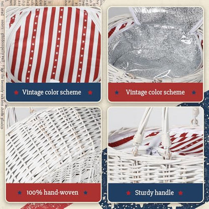 Wicker Picnic Basket with Insulated Lined Bag 15“ x 11” x 7“ Red, White Star Stripe Pattern, Iced Beer Insulated Bag for Camping, Picnics, Birthday Gifts, Wedding Gifts - color: Red and White Star Stripes