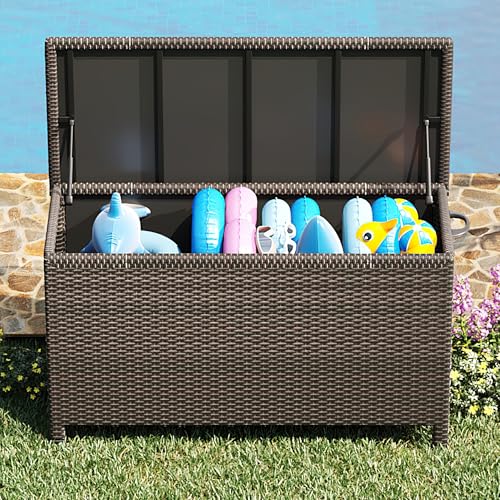 Wicker Deck Box, 125 Gallon All-Weather Outdoor Storage Box, Rattan Storage Bin for Patio Furniture, Outdoor Cushions, Pool Storage and Garden Tools, Brown