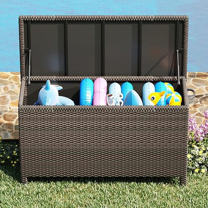 Wicker Deck Box, 125 Gallon All-Weather Outdoor Storage Box, Rattan Storage Bin for Patio Furniture, Outdoor Cushions, Pool Storage and Garden Tools, Brown