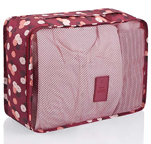 Mossio 7 Set Packing Cubes with Shoe Bag - Travel Carry On Luggage Organizer - color: Wine Flower