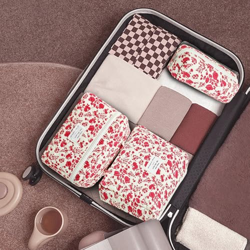 GISMTR 3Pcs Makeup Bag Cotton Quilted Travel Cosmetic Bag Cute Floral Makeup Pouch Large Toiletry Bag for Women Girls - color: Red flowers