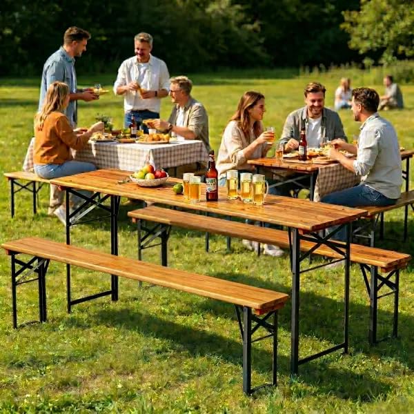 AVAWING 5.8FT 3-Piece Portable Picnic Table Bench Set, 6-8 Person Folding Wooden Dining Table Set，70" Patio Beer Table for Outdoor Activities Garden BBQs Parties Camping