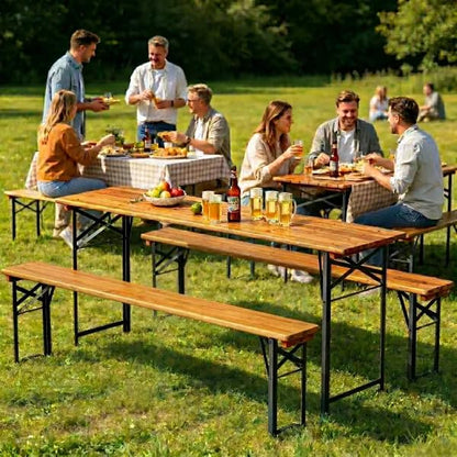 AVAWING 5.8FT 3-Piece Portable Picnic Table Bench Set, 6-8 Person Folding Wooden Dining Table Set，70" Patio Beer Table for Outdoor Activities Garden BBQs Parties Camping
