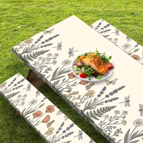 Picnic Table Cover with Bench Covers Elastic Edges, Botanical Camper Fitted Table Cover, Outdoor Camping Essentials 72 Inch 3PCS, Waterproof Camping Fitted Tablecloth with Drawstring Bag - color: Botanical, size: 72in