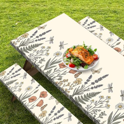Picnic Table Cover with Bench Covers Elastic Edges, Botanical Camper Fitted Table Cover, Outdoor Camping Essentials 72 Inch 3PCS, Waterproof Camping Fitted Tablecloth with Drawstring Bag - color: Botanical, size: 72in