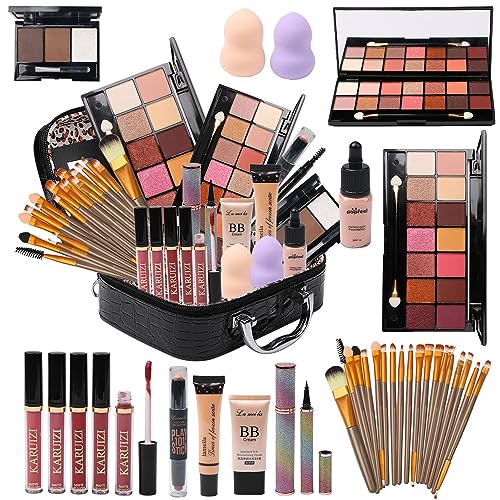 MTDXILTAI All in One Makeup Kit for Makeup storage bag 2X14 Colors Eyeshadow Palette Liquid Foundation Eyeliner Pencils Contouring Stick Lip Gloss 20Pcs Make up Brushes For Women Girls Teens (Black) - color: Black