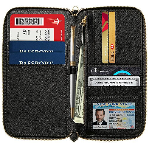 Travel Document Organizer - RFID Passport Wallet Case Family Holder Id Wristlet - color: Family Black